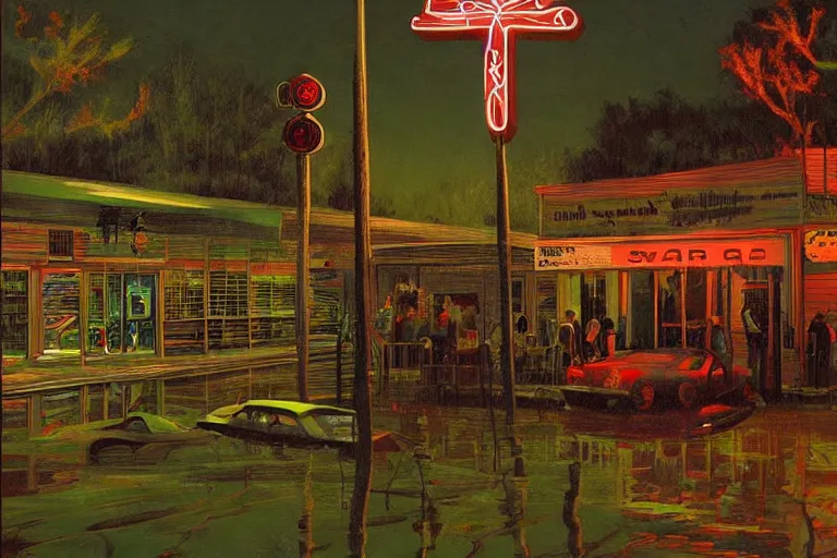 Image similar to scene from louisiana swamps, bar, neon cross, voodoo, artwork by tim eitel