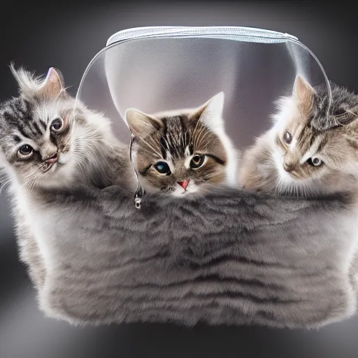 Image similar to a highly detailed photo of a big transparent bag full of furry cats, gray background, studio lighting, 4 k, 8 k