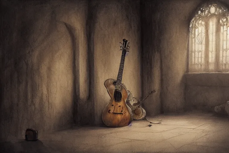 Image similar to still life. an empty brutalist chamber, lonely, somber, a cursed demonic istrument lute, oud, guitar designed by brian froud leans against the wall alone, abandoned. a thin wisp of smoke rises from the lute. late afternoon lighting cinematic fantasy painting by jessica rossier