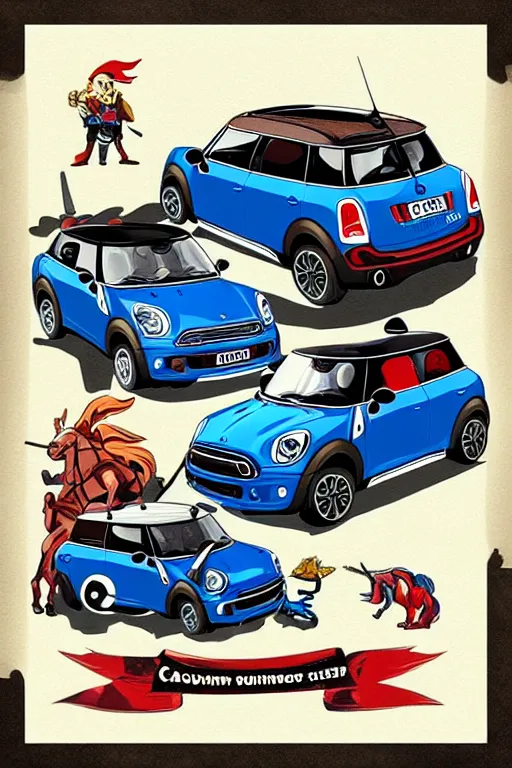 Prompt: “Poster of Blue Mini Cooper Countryman Hybrid and Viking horsemen in a battle. Retro cartoon caricature.”