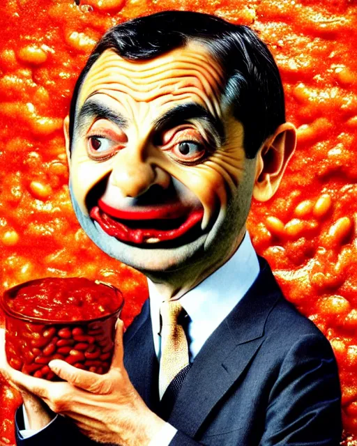 Image similar to portrait of mr bean's face in a bowl full of baked beans, face covered in beans and tomato sauce, beans in his eyes sockets, pile of beans on his head, baked beens instead of eyes, open mouth full of with baked beans, overflowing with baked beans, rowan atkinson, muted colors, surrealist oil painting, highly detailed