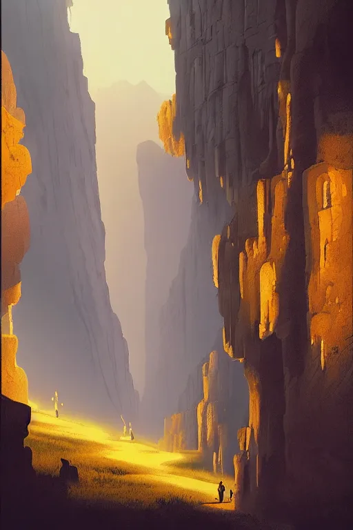 Image similar to monks walking through canyon to ancient temple glowing yellow, carved into cliff, light streaks in the sky, eclipse, dramatic lighting, artstation, matte painting, ralph mcquarrie, simon stalenhag