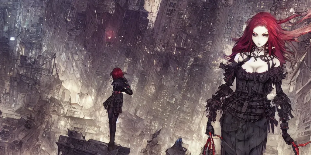 Prompt: goth woman in front of city, color page, tankoban, 4 k, tone mapping, akihiko yoshida, james jean andrei riabovitchev marc simonetti, yoshitaka amano, long hair, curly, h. hydrochaeri