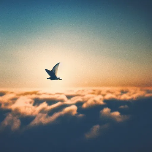 Prompt: Close-up realistic shot of a radiant white dove flying over the clouds at sunset, ethereal, vintage photograph, film grain, surreal, awe-inspiring, highly detailed