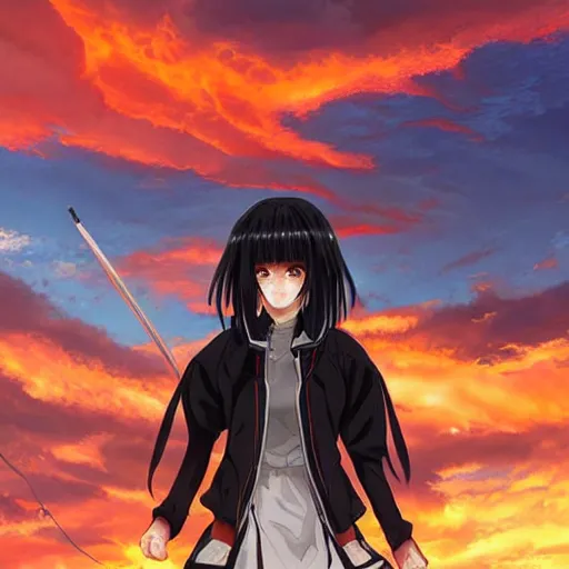 Prompt: black - haired anime girl, 1 7 - year - old anime girl with long bob cut, gothic jacket, golden hour, partly cloudy sky, red clouds, orange sky, strong lighting, strong shadows, vivid hues, ultra - realistic, sharp details, subsurface scattering, intricate details, art by artgerm, greg rutkowski, 2 0 1 9 anime screenshot