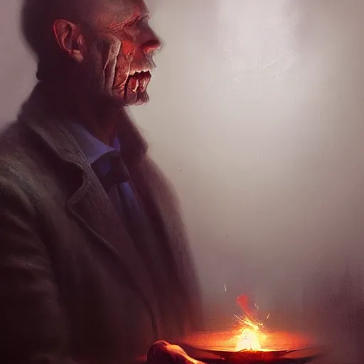 Image similar to UHD photorealistic Man signing his soul over to the devil, in the style of tonalism by Greg Rutkowski, trending on Artstation, hyperrealistic, correct details, symmetrical faces