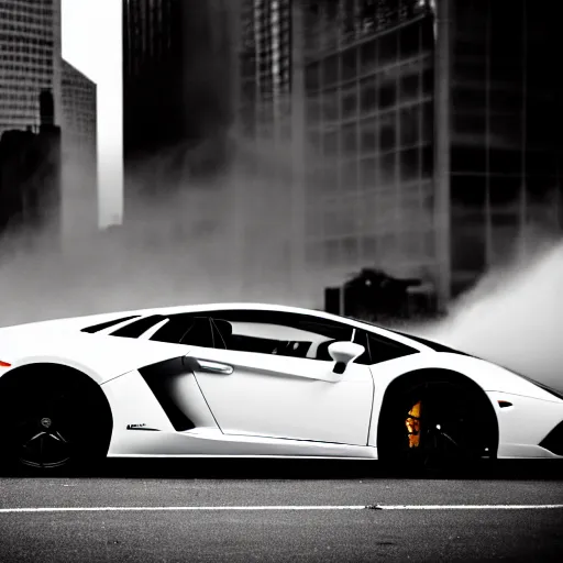 Prompt: black and white press photograph of a tired man, man in a black suit, pushing a lamborghini that is out of gas on a busy city street, sideview, detailed, natural light, mist, film grain, soft vignette, sigma 5 0 mm f / 1. 4 1 / 1 0 sec shutter, imax 7 0 mm footage