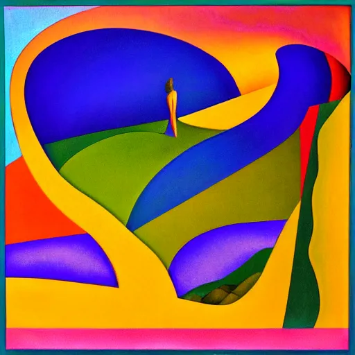 Image similar to woman woman as the natural landscape, her curves form the mountains and rivers of this land , high quality art in the style of cubism and georgia o’keefe,