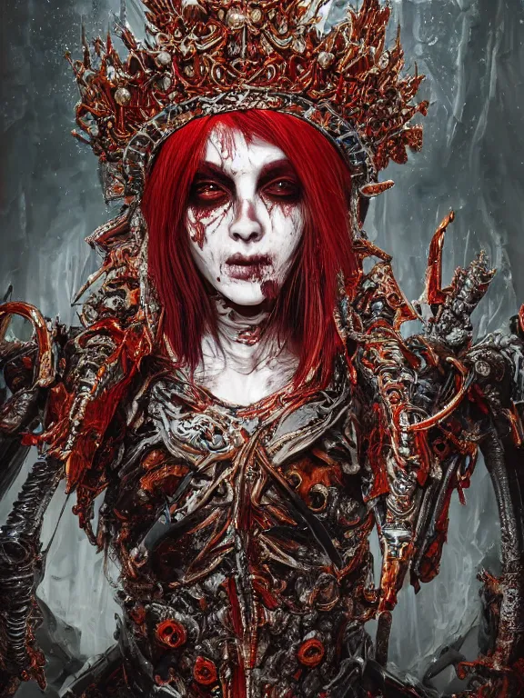 Image similar to portrait art of 8k ultra realistic undead queen,intricate red crown, detailed intricate ornate armour,decaying, cybernetic, full of colour, cinematic lighting, battered, trending on artstation, 4k, hyperrealistic, focused, extreme details,unreal engine 5, cinematic, masterpiece, art by ayami kojima, giger