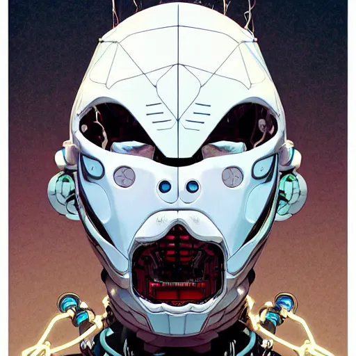 Prompt: man with scifi mask as a god, actuators, carbon fiber, white plastic, bones and wires, soft light painted by james jean and katsuhiro otomo and erik jones, inspired by akira anime, smooth face feature, marvel mcu movie poster, high detail illustration, sharp high detail,