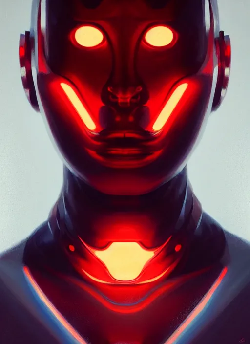 Prompt: symmetry!! portrait of a metallic being with a face with a glowing red light, complimentary colors, perfect lighting, perfect composition, aesthetic, masterpiece, award winning, artstation, darek zabrocki, greg rutkowski, artgerm, 4 k