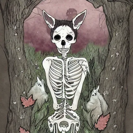 Image similar to a dream wolf eats the magical heart of a woodland faun who has her skeleton exposed, artwork by chiara bautista