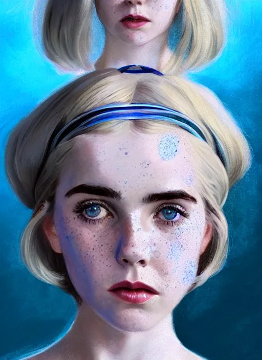 Image similar to portrait of kiernan shipka with freckles, white hair, 1 9 6 0 s bob hairstyle with bangs and hairband, blue 1 9 6 0 s dress, intricate, elegant, glowing lights, highly detailed, digital painting, artstation, concept art, smooth, sharp focus, illustration, art by wlop, mars ravelo and greg rutkowski