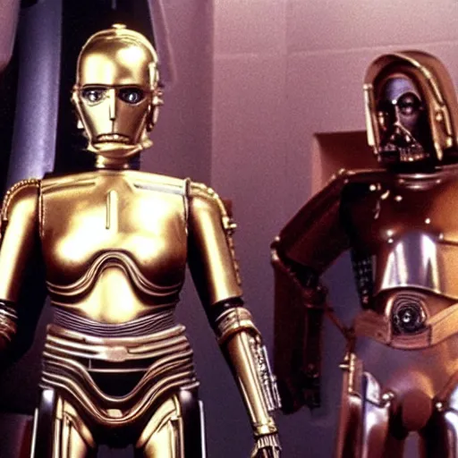 Image similar to a still of Scarlett Johansson next to C3PO in return of the jedi (1983)