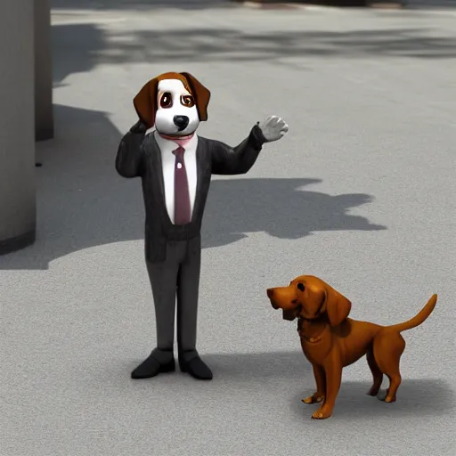 Image similar to Dog in a suit waving goodbye to his doggie coworkers, animal workers, 8k, highly detailed, realistic, unreal, trending artstation,