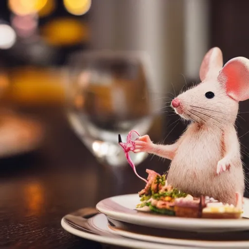 Image similar to macro photo of a mouse in a miniature fancy restaurant