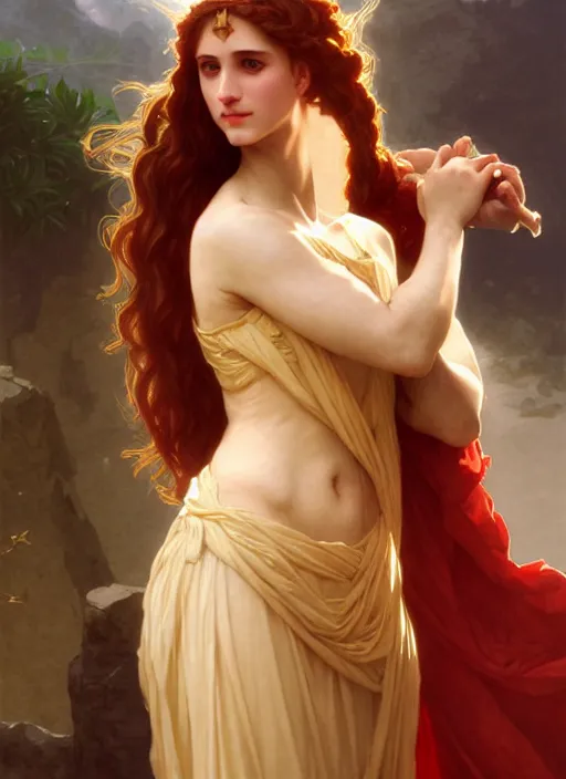 Prompt: fully clothed cassandra the trojan prophetess, golden red hair, greek mythology, gown, william adolphe bouguereau, trending on artstation, character art, greek myth digital painting, concept art, smooth, sharp focus, illustration, art by artgerm and greg rutkowski, radiant light,