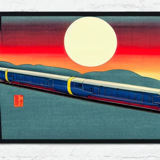 Prompt: high speed train in india against a giant rising sun, ukiyo - e style, lithograph, textile print