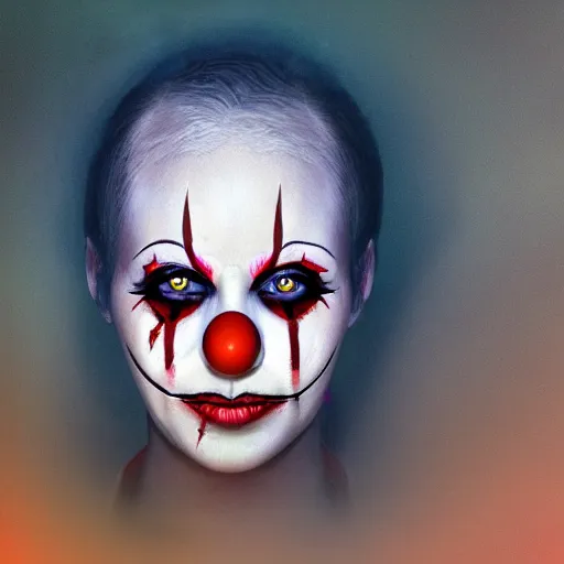 Prompt: profile portrait of a female clown horror, horror movie characters, horror movie icons, orange dawn, hyperrealistic