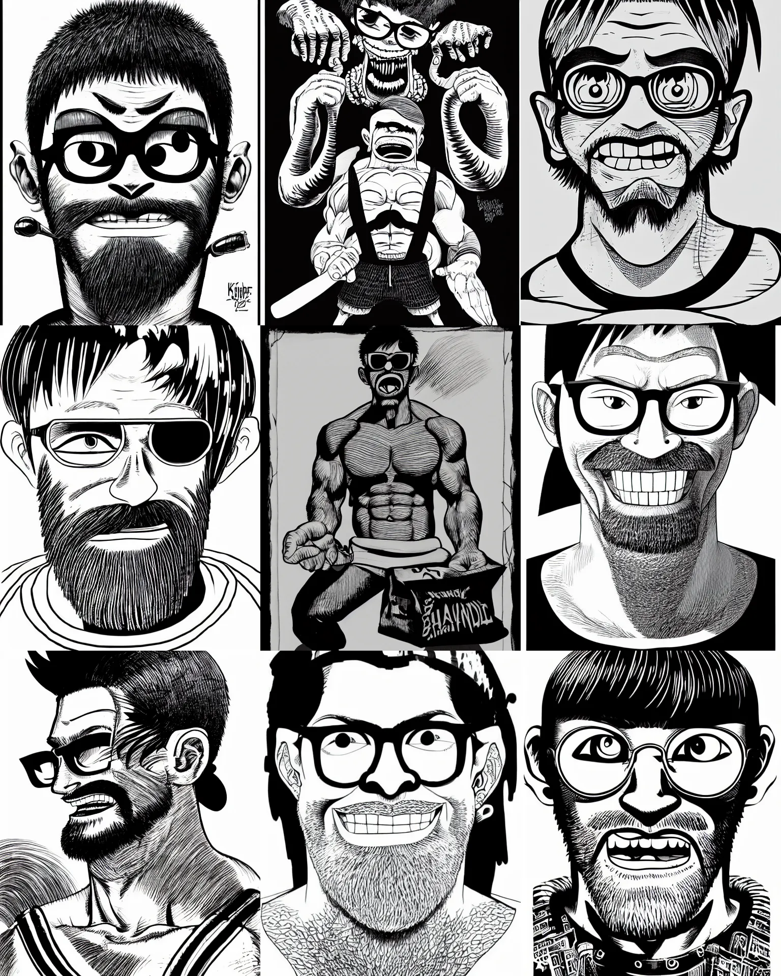 Prompt: highly detailed ink illustration of a buff smiling man with long stubble, muscular neck, rectangular square shaped glasses and a black bowl cut, wearing a black tshirt, b & w clean shaped illustration by kim jung gi, jamie hewlett and eiichiro oda