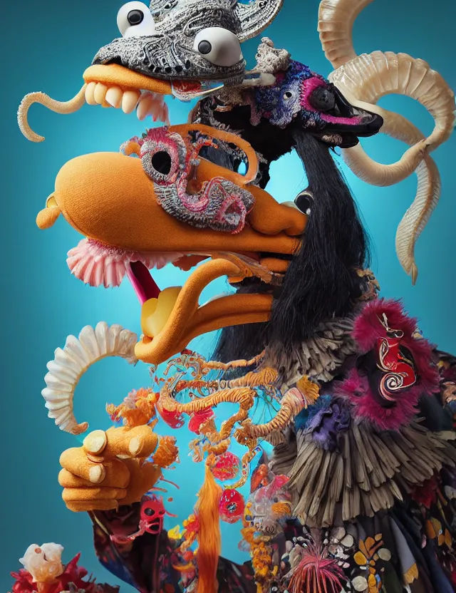 Image similar to 3 d muppet half - turn portrait with ram skull. beautiful intricately detailed japanese crow kitsune mask and clasical japanese kimono. betta fish, jellyfish phoenix, bio luminescent, plasma, ice, water, wind, creature, artwork by tooth wu and wlop and beeple and greg rutkowski