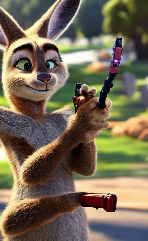 Image similar to “kangaroo in the style of the movie zootopia holding a laser gun and pointing it at the the camera”