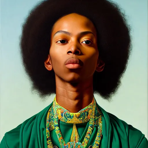 Image similar to A portrait of a skinny modern and stunning non-binary person, medium skin tone, Mexican, oil painting by Kehinde Wiley, majestic, detailed, high resolution