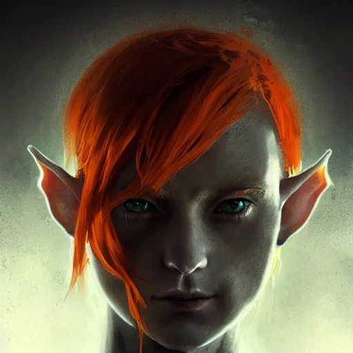 Image similar to portrait of a Short elf with grey skin, orange/red hair, elf ears, their eyes are completely yellow, they have deer like legs, and they are both masc and femme equally dramatic lighting, illustration by Greg rutkowski, yoji shinkawa, 4k, digital art, concept art, trending on artstation