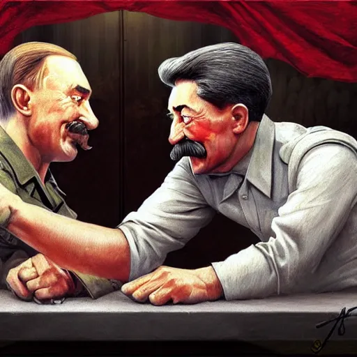 Prompt: picture of ( ( arm wrestling between young vladimit putin and old iosif stalin ) ) in apocalyptic russia, hyperrealistic, digital concept art,, caricature illustration, art by gaston bussiere