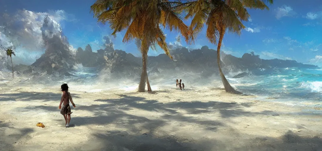 Prompt: a multiverse portal leading to a beautiful beach, craig mullins