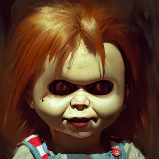 Image similar to the doll chucky, oil painting, by greg rutkowski