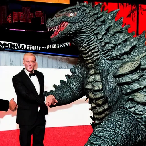 Prompt: Eminem shaking hands with Godzilla in Detroit, photograph