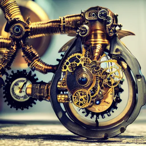 Prompt: Picture of a mechanical steampunk cicada, gears, beautiful piece of technology, ultrarealistic, 8k, photography