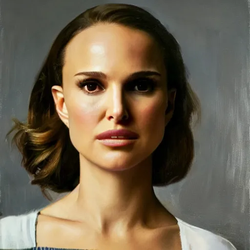 Image similar to Natalie Portman at a diner, head and shoulders portrait, extremely detailed masterpiece, Roger Deakin’s cinematography, oil on canvas, Norman Rockwell.