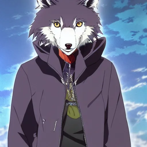 Image similar to key anime visual portrait of an anthropomorphic anthro wolf fursona, in a jacket, with handsome eyes, official modern anime art