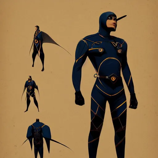 Image similar to a hero named rope man, his suit is black and blue and he has a bat like wing suit under it, mystic, concept art, artstation, greg rutkowski, reference sheet