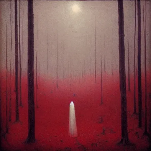 Image similar to “ tall figure in the woods, beksinski, dark, scary, red ”