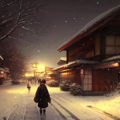 Prompt: walking around snow covered ozu city and shimonad station, ehime, japan. volumetric lighting, clear winter night, realistic illustration, perfectly shaded, soft painting, art by krenz cushart and wenjun lin