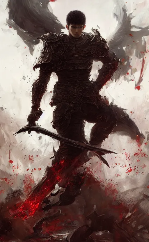 Image similar to full body shot Guts Berserk fan art, digital 2d, extremely detailed, made by wlop, maxwell boas, Naranbaatar Ganbold, Raymond Swanland and Ruan Jia. Masterpiece. Repin. Greg Rutkowski