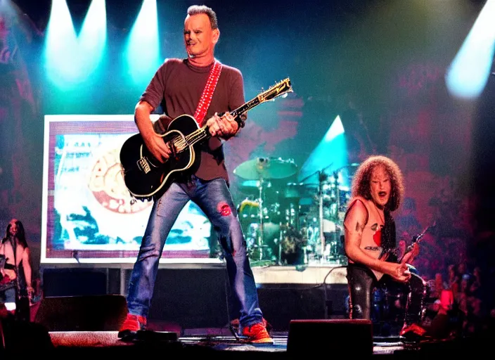 Image similar to publicity photo still of tom hanks in guns n roses playing live on stage, 8 k, live concert lighting, mid shot