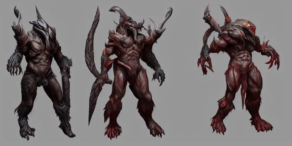 Image similar to three different views of a predator set for dota 2, concept art by senior character artist, trending on artstation, artstation hd, full body