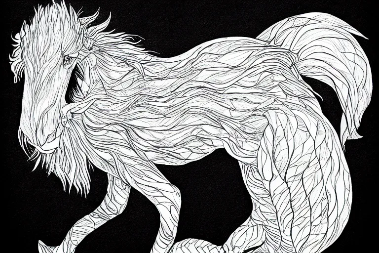 Prompt: cute mythical creature, black and white, botanical illustration, black ink on white paper, bold lines