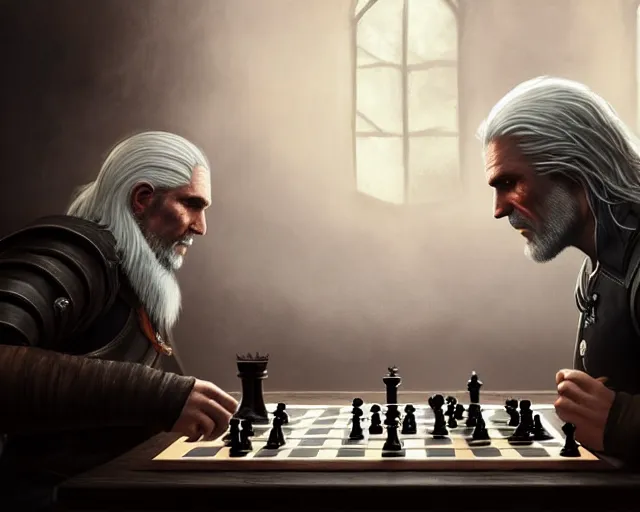 Image similar to 5 5 mm portrait photo of geralt playing chess. magical atmosphere. art by greg rutkowski. highly detailed 8 k. intricate. lifelike. soft light. nikon d 8 5 0.