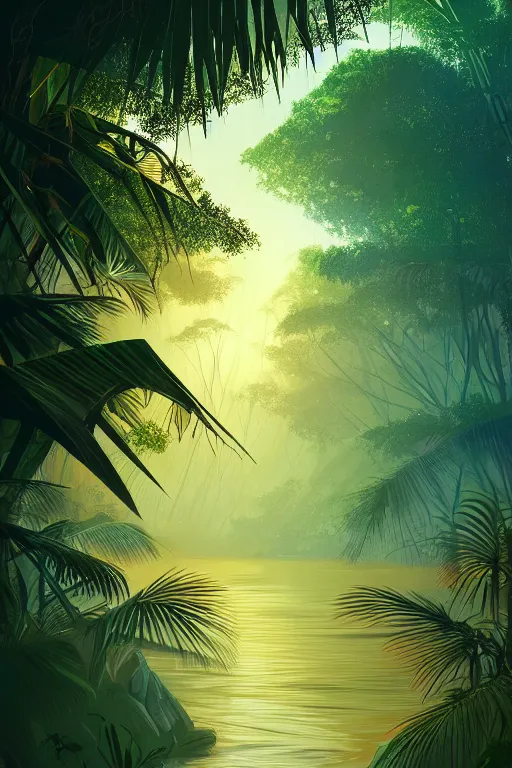 Image similar to a tropical forest near the mangrove of florida everglades, tone mapped, shiny, intricate, cinematic lighting, highly detailed, digital painting, artstation, concept art, smooth, sharp focus, illustration, malika favre