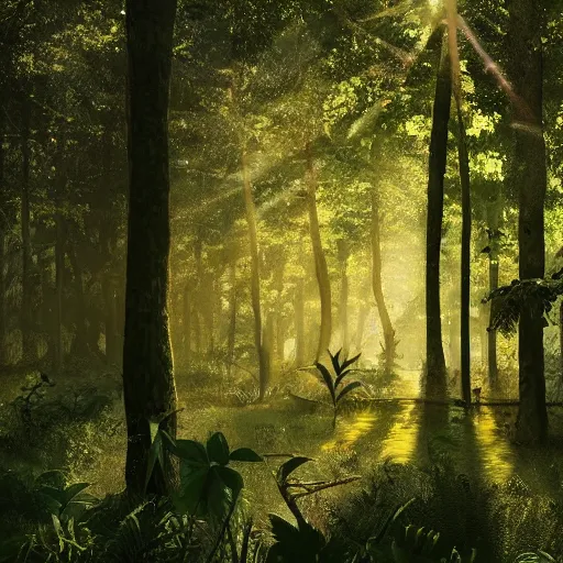 Prompt: A dense forest, teeming with life, where the sunlight filters through the trees and casts a dappled light on the ground, photorealistic.
