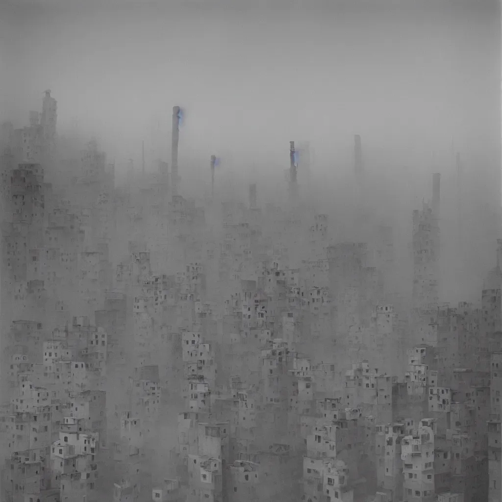 Prompt: towers made up of densely stacked makeshift squatter shacks with pastel colours suspended over a quagmire, plain uniform sky at the back, misty, mamiya, ultra sharp, very detailed, photographed by man ray