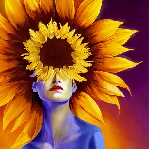 Image similar to closeup, giant sunflower head, woman standing in a luxury apartment, surreal, dramatic light, impressionist painting, digital painting, artstation, georgia o'keeffe