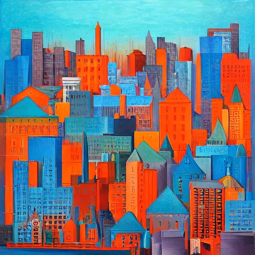 Image similar to A beautiful painting of a cityscape. The different colors and shapes represent different parts of the city. cool orange, light blue, Google by Igor Morski, by Walt Disney, by Ben Shahn