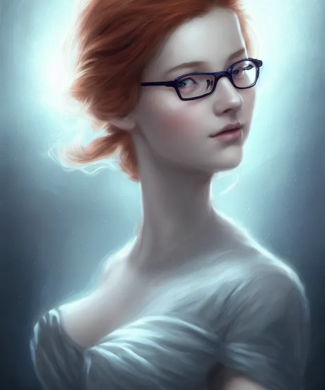 Prompt: cute female librarian crowded library by charlie bowater and titian and artgerm, portrait, intricate, face, bookshelves, ginger hair, grey eyes, playful, dust, elegant, blue mist, beautiful, highly detailed, dramatic lighting, sharp focus, trending on artstation, artstationhd, artstationhq, unreal engine, 4 k, 8 k