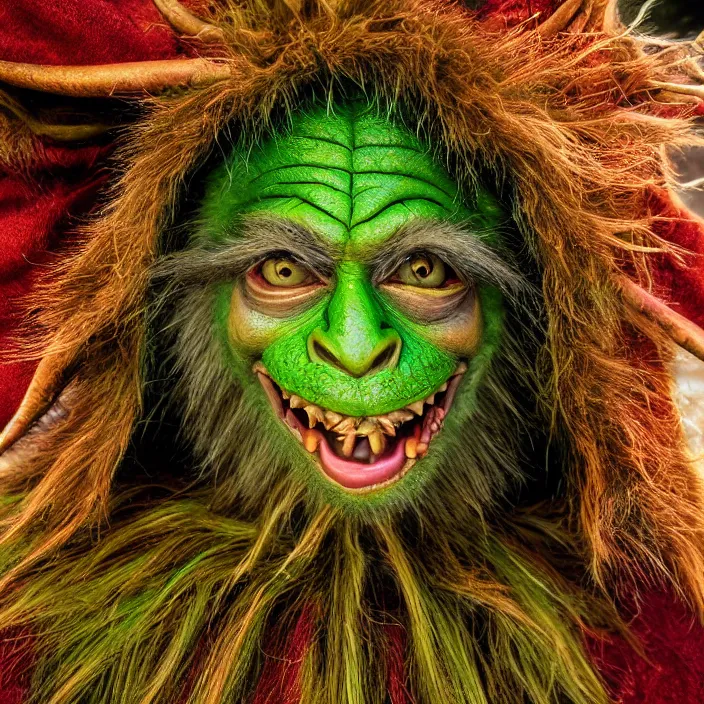 Image similar to closeup portrait of a green-horned goblin monster, wearing a cloak made of rainbows and metal, in an empty field, by Annie Leibovitz and Steve McCurry, natural light, detailed face, CANON Eos C300, ƒ1.8, 35mm, 8K, medium-format print